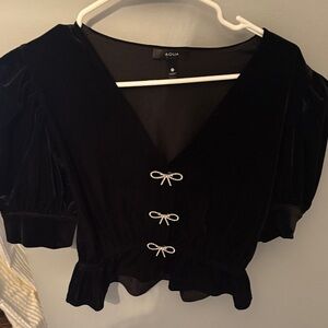 Aqua Black Velvet Blouse with Bow Details